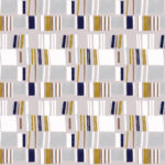 Abstract patroon van het Elitis-behang Initiation Renaissance TP 311 05 met rechthoekige vormen in wit, grijs, okergeel en donkerblauw.