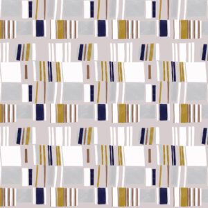 Abstract patroon van het Elitis-behang Initiation Renaissance TP 311 05 met rechthoekige vormen in wit, grijs, okergeel en donkerblauw.
