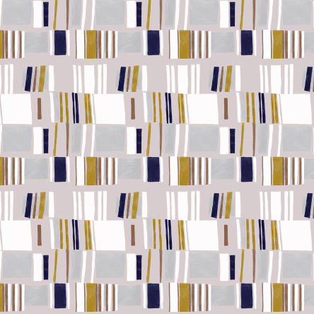 Abstract patroon van het Elitis-behang Initiation Renaissance TP 311 05 met rechthoekige vormen in wit, grijs, okergeel en donkerblauw.