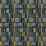Abstract Elitis-behangpatroon uit de Initiation Renaissance TP 311 06 collectie met rechthoekige vormen in grijs, groen en okergeel op een donkere achtergrond.