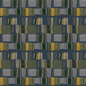 Abstract Elitis-behangpatroon uit de Initiation Renaissance TP 311 06 collectie met rechthoekige vormen in grijs, groen en okergeel op een donkere achtergrond.