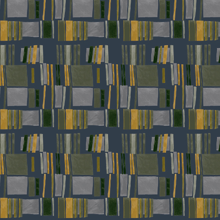 Abstract Elitis-behangpatroon uit de Initiation Renaissance TP 311 06 collectie met rechthoekige vormen in grijs, groen en okergeel op een donkere achtergrond.