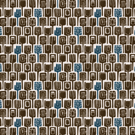 Herhalend patroon van Elitis-behang Initiation Totem TP 310 02 met abstracte bruine en blauwe totemachtige figuren op een beige achtergrond.
