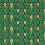 Elitis behang Initiation Totem TP 310 03 met een patroon van gestileerde groene en gele totems op een donkere achtergrond.
