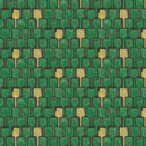 Elitis behang Initiation Totem TP 310 03 met een patroon van gestileerde groene en gele totems op een donkere achtergrond.