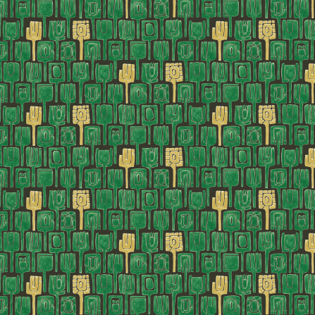 Elitis behang Initiation Totem TP 310 03 met een patroon van gestileerde groene en gele totems op een donkere achtergrond.