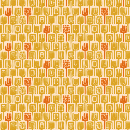 Elitis-behang Initiation Totem TP 310 05 met een patroon van gestileerde totemachtige symbolen in okergeel en oranje op een beige achtergrond.