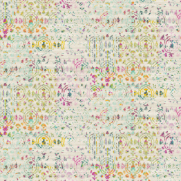 Kleurrijk Elitis-behang uit de Kandy Brit Pop-collectie met een abstract bloemen- en patroonontwerp.