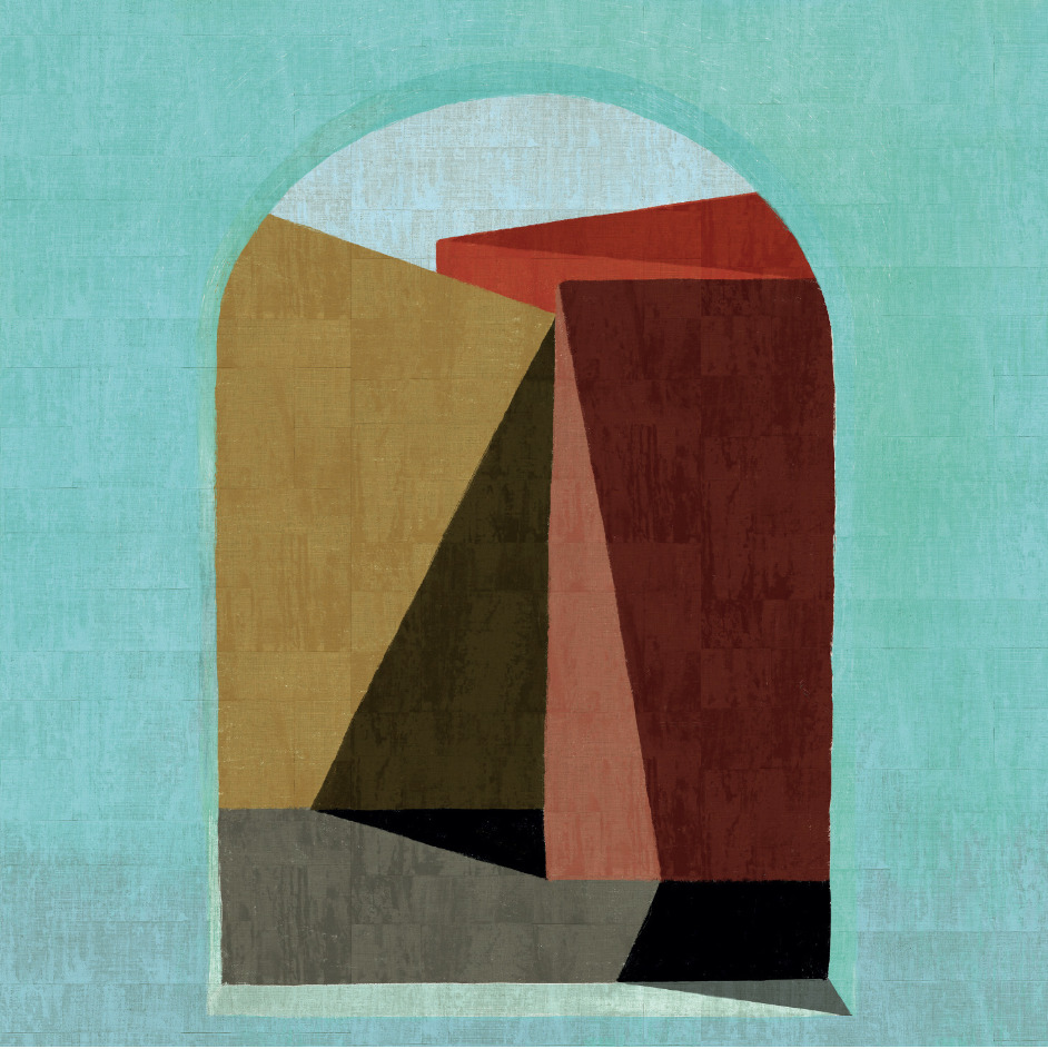 Abstract Elitis-behang uit de Medina-collectie met felgekleurde geometrische vormen in een doorgang op een turquoise achtergrond.