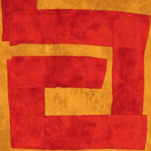 Abstract rood en okergeel patroon uit de Elitis Message TP 331 03 Voile de Papier behangcollectie.