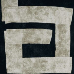 Abstract patroon van Elitis-behang uit de Voile de Papier-collectie, met overlappende beige vlakken op een donkere achtergrond.
