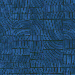 Donkerblauw Elitis behang uit de Voile de Papier collectie met abstract patroon van gebogen en rechte lijnen (model Ondes TP 328 02).