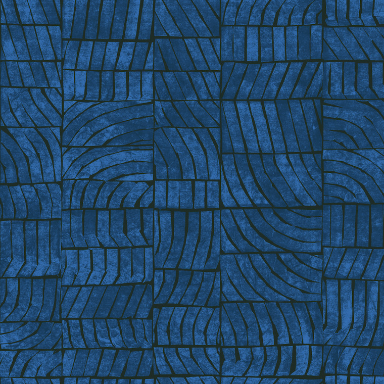 Donkerblauw Elitis behang uit de Voile de Papier collectie met abstract patroon van gebogen en rechte lijnen (model Ondes TP 328 02).