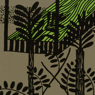 Illustratief patroon van Elitis-behang Siam TP 320 02 met gestileerde zwarte planten en groene geometrische accenten op een taupe achtergrond.