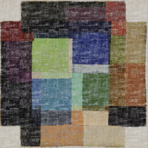 Abstract Elitis-behangontwerp Untitled VP 605 01 met verweerde, overlappende kleurvlakken in blauw, groen, oranje en zwart.