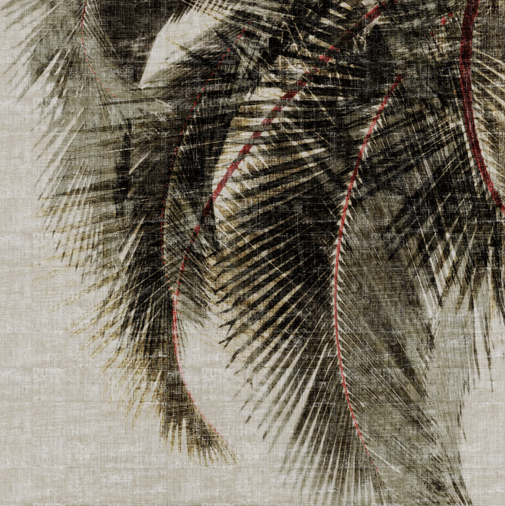 Decoratief Elitis-behang met een patroon van tropische palmbladeren in aardetinten en subtiele rode accenten.