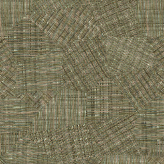 Patchwork-patroon van Elitis-behang VP 987 02 met overlappende geweven texturen in groentinten.