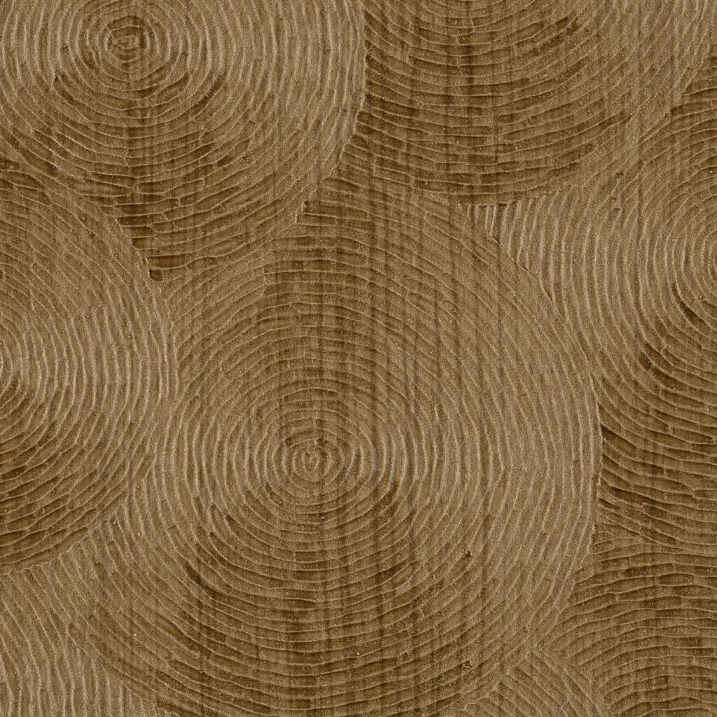 Decoratief Elitis-behang met houtstructuur en cirkelvormig reliëfpatroon in bruin­tinten.