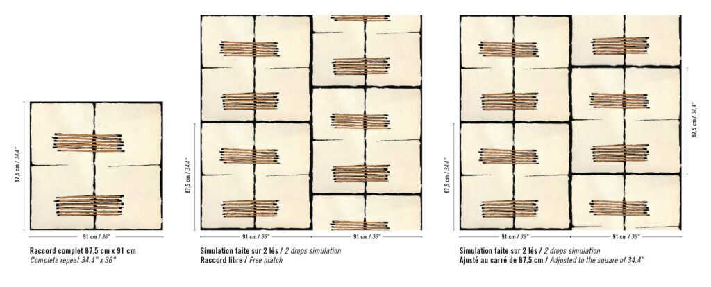 Voorbeeld van Elitis behang Hanji Noto RM 1058 02 met een patroon van rechthoeken en horizontale streepaccenten, getoond in drie schaal- en plaatsingsvarianten.