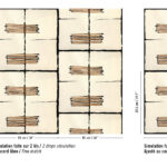 Voorbeeld van Elitis behang Hanji Noto RM 1058 02 met een patroon van rechthoeken en horizontale streepaccenten, getoond in drie schaal- en plaatsingsvarianten.