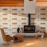 Moderne woonkamer met Elitis Hanji Noto RM 1058 02 behang, een strakke haard en designmeubels in warme aardetonen.