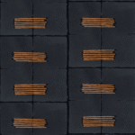 Donkerblauw Elitis Hanji Noto RM 1058-80 behang met een regelmatig patroon van horizontale oranje lijnen op rechthoekige vlakken.