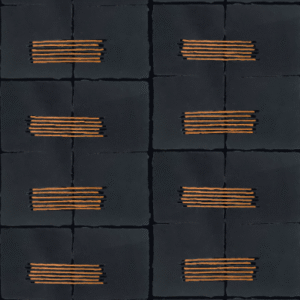 Donkerblauw Elitis Hanji Noto RM 1058-80 behang met een regelmatig patroon van horizontale oranje lijnen op rechthoekige vlakken.