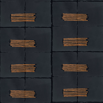 Donkerblauw Elitis Hanji Noto RM 1058-80 behang met een regelmatig patroon van horizontale oranje lijnen op rechthoekige vlakken.