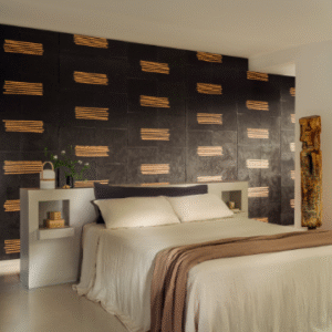 Sfeervolle slaapkamer met Elitis Hanji Noto RM 1058 80 behang in zwart met gouden accenten.