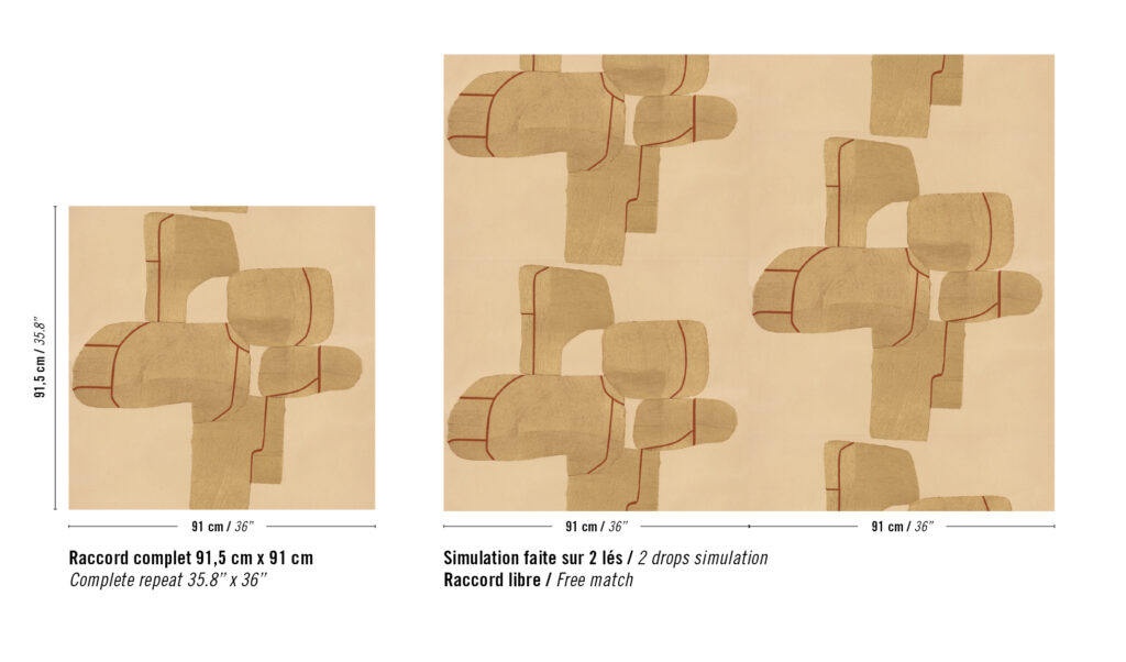 Abstract patroon van Elitis behang Hanji Takara RM 1062 04 met geometrische vormen in beige en goud met rode accenten.