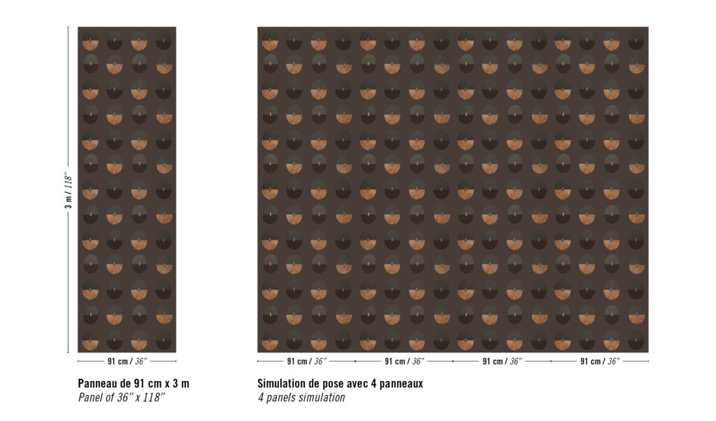 Behangpaneel Elitis Hanji Wall Toshima RM 1061-75 met een herhaald ovaal patroon in bruin- en koperkleuren, getoond als enkel paneel en in een vierpanelige simulatie.