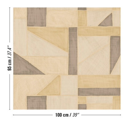 Abstract geometrisch patroon van het Elitis-behang La Caravane Kungbo VP 944 in neutrale beige- en grijstinten, met afmetingen van 95 bij 100 cm.