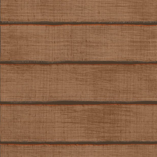 Behangpatroon Elitis La Caravane Moshi Moshi VP 942 05 met horizontale banen in warme bruine en oranje tinten.