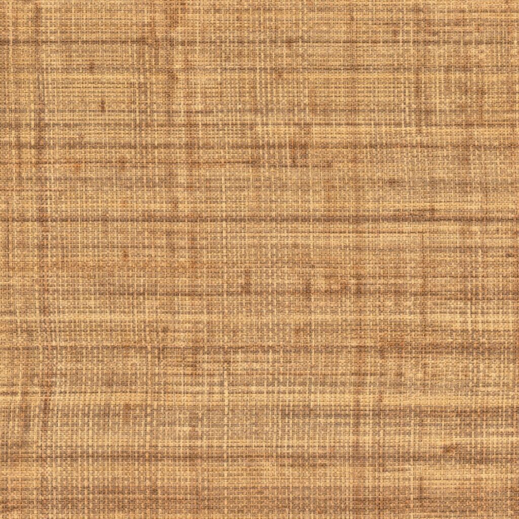 Structuur van natuurlijk geweven Elitis behang uit de Matières Végétales Abaca collectie in warme bruintinten.