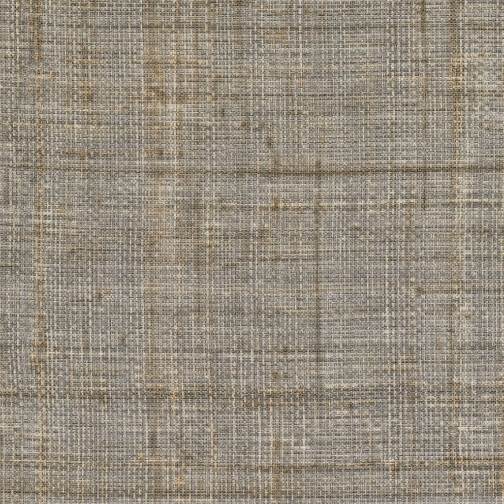 Beige-grijs Elitis behang van natuurlijke abaca vezels met een grof geweven textuur.
