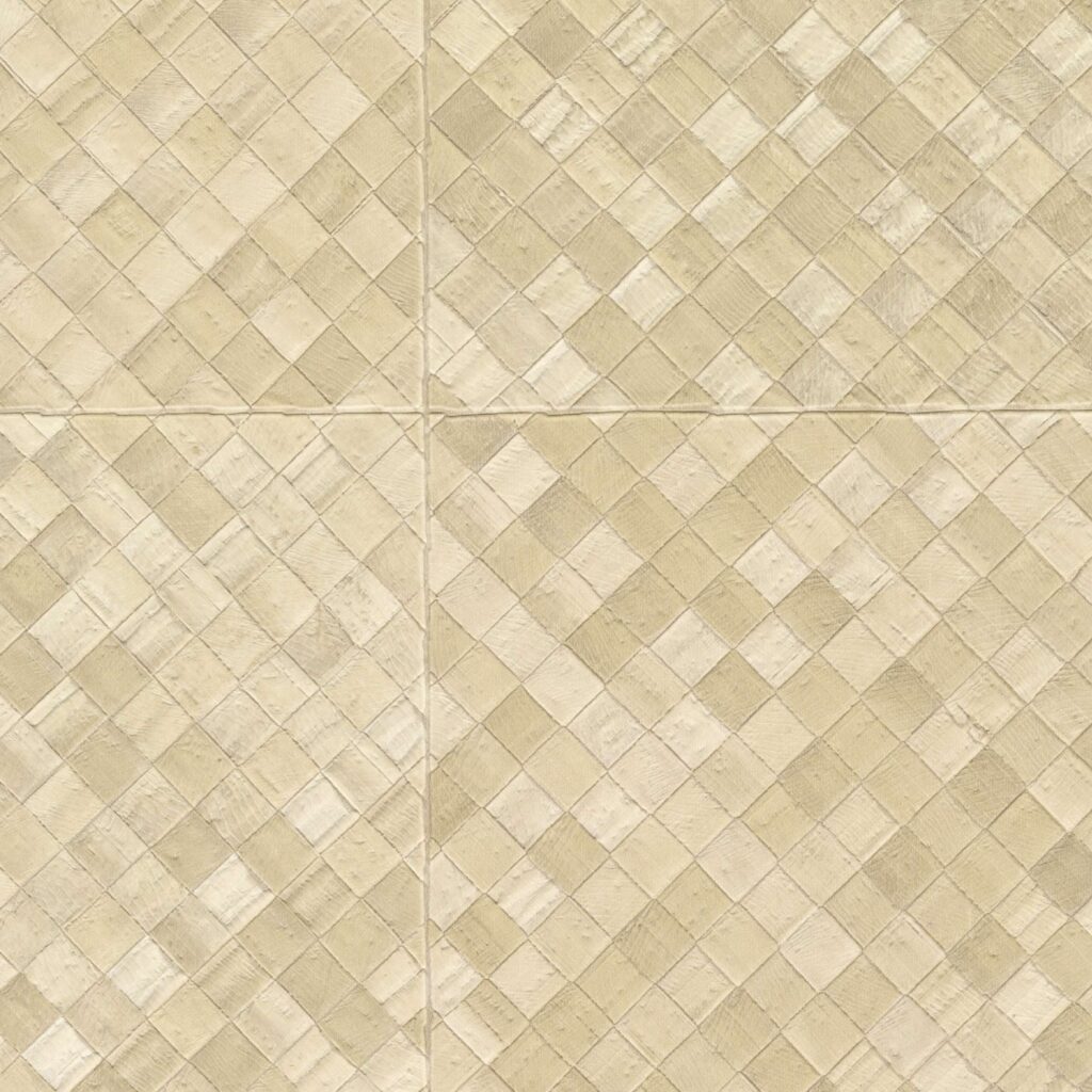 Beige Elitis-behang uit de Matières Végétales Buri collectie met een gevlochten ruitpatroon van natuurlijke vezels.