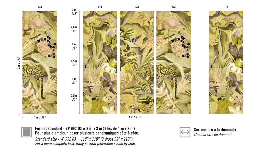 Decoratief Elitis behang uit de “Matières Végétales” collectie met het Costalegre VP 992 03 patroon, met dieren en tropische planten in zachte groentinten.