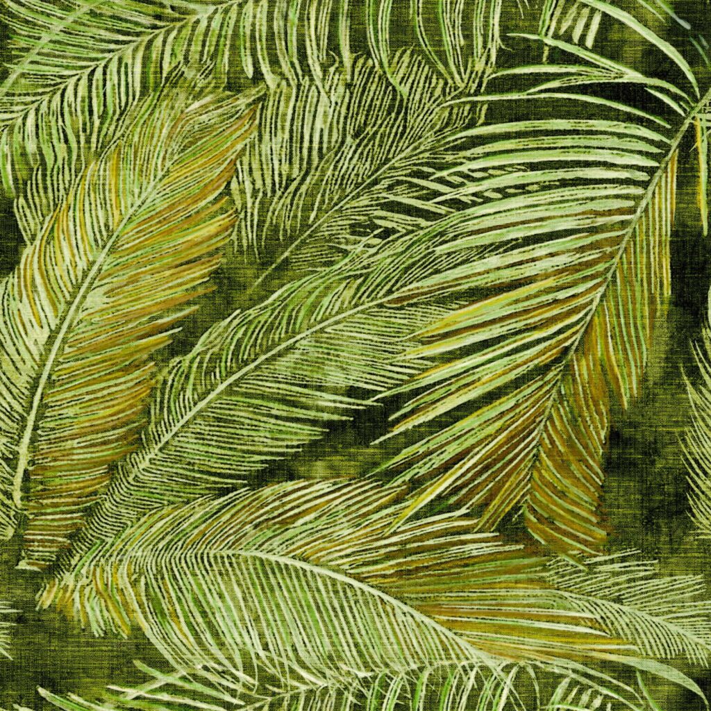 Gedetailleerd Elitis Manihi behang met een patroon van groene en goudbruine tropische palmbladeren op een textuurrijke achtergrond.