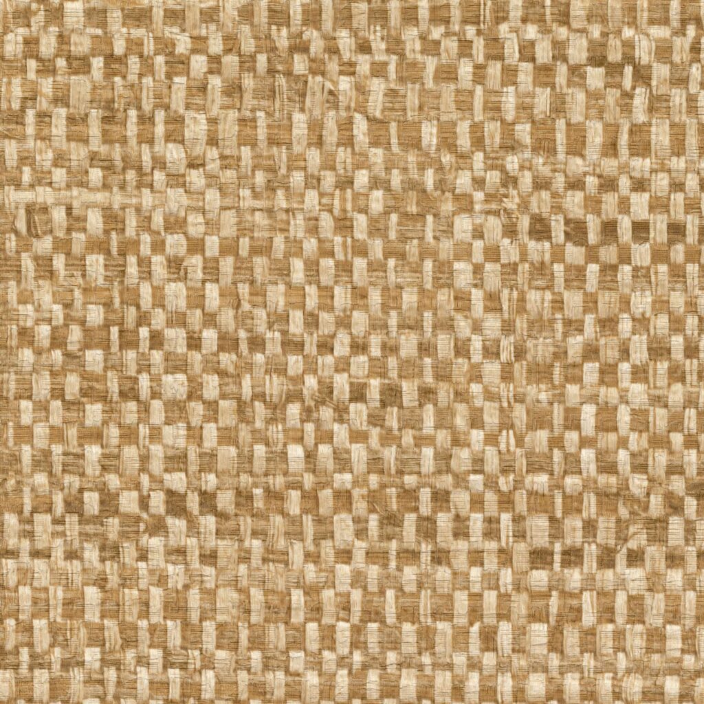 Natuurlijk geweven Elitis-behang van raphia in een warme, natuurlijke tint met een grof textuurpatroon.