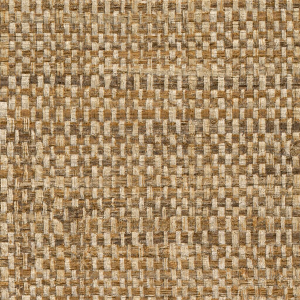 Close-up van Elitis behang Matières Végétales Raphia VP 986 04 met een geweven structuur van natuurlijke vezels in bruintinten.