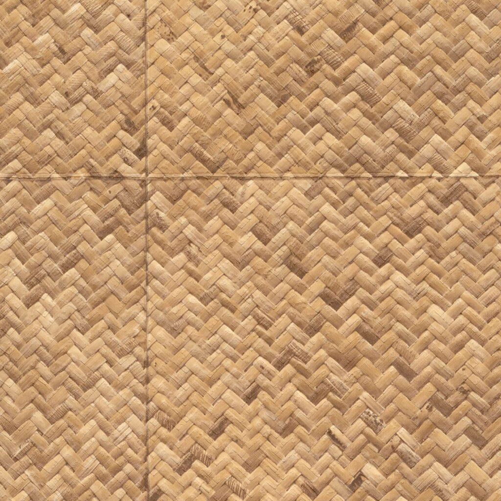 Vlechtwerkbehang van natuurlijk rotan met een warmbruin visgraatpatroon uit de Elitis Matières Végétales collectie.