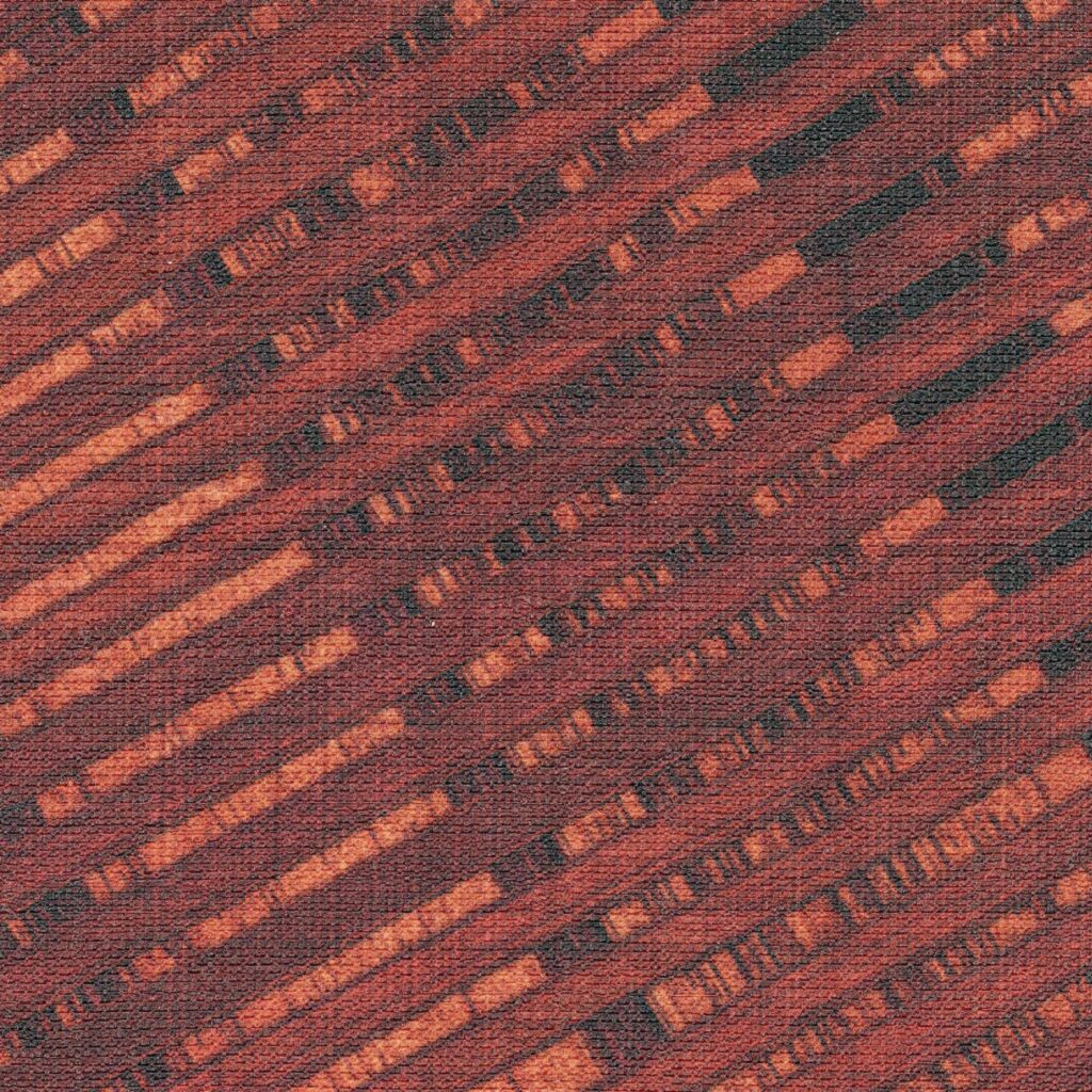 Close-up van Elitis behang uit de Matières Végétales Speranza collectie, met een roodbruine textuur en diagonale patroonlijnen in zwarte en oranje tinten.