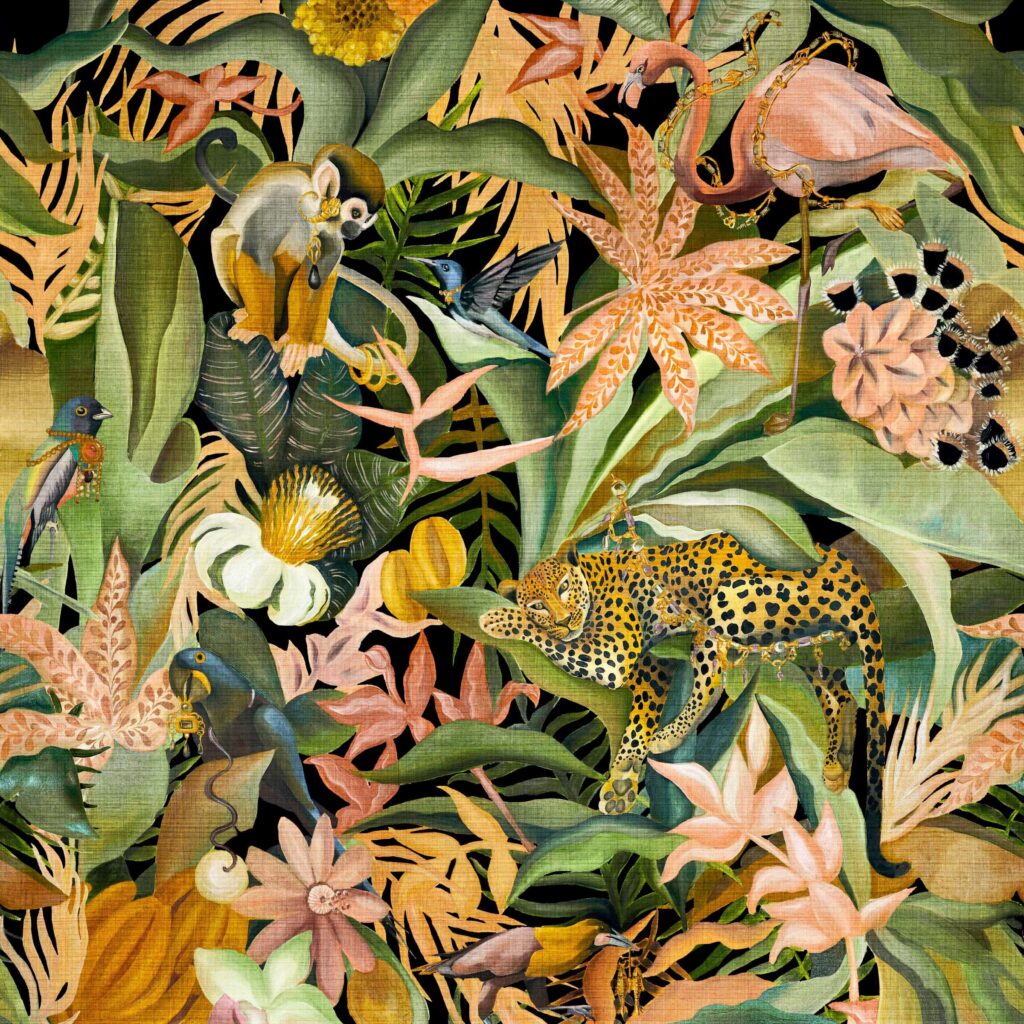 Illustratief Elitis-behang met een exotisch jungletafereel van een luipaard, apen, tropische vogels en weelderige planten.