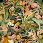 Illustratief Elitis-behang met een exotisch jungletafereel van een luipaard, apen, tropische vogels en weelderige planten.