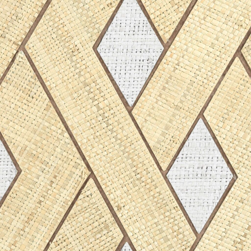 Vlechtwerkbehang Elitis Merida met een geometrisch patroon van ruitvormen in natuurlijke en witte tinten.