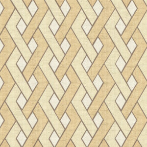 Beige en wit Elitis Merida behang met een geometrisch, vlechtachtig patroon.