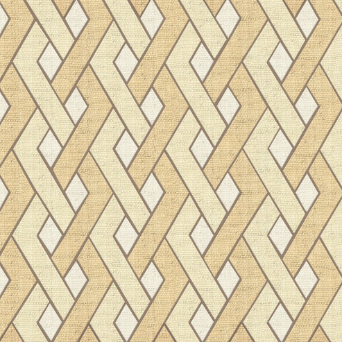 Beige en wit Elitis Merida behang met een geometrisch, vlechtachtig patroon.