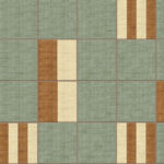 Behangpatroon Elitis Merida Partitura RM 1020 60 met groene vlakken en verticale beige-bruine strepen in een rasterstructuur.