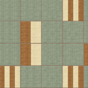 Behangpatroon Elitis Merida Partitura RM 1020 60 met groene vlakken en verticale beige-bruine strepen in een rasterstructuur.