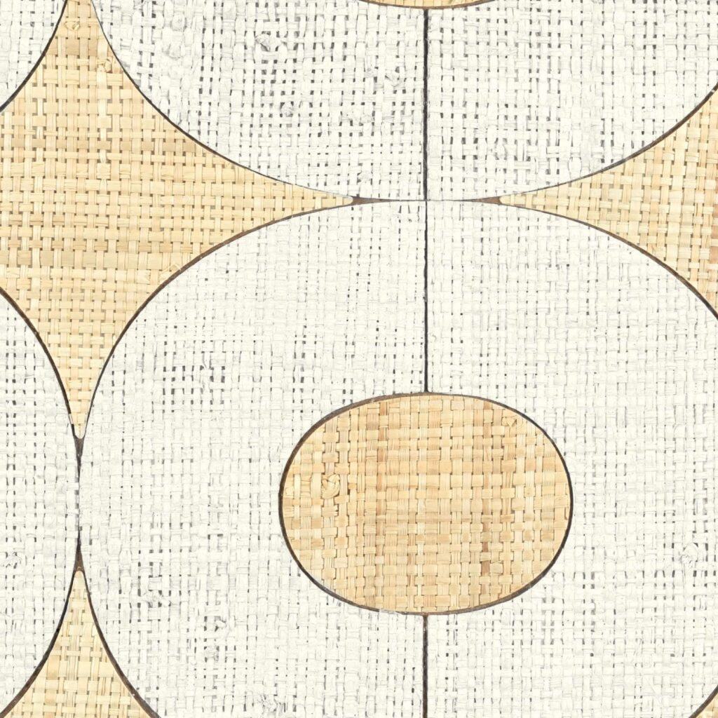 Decoratief Elitis Merida behang met een grafisch patroon van geometrische vormen in geweven textuur en naturelkleuren.